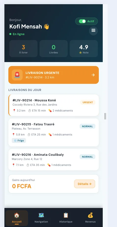 Écran Accueil de l'app Livreur
