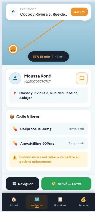 Écran de navigation et suivi de livraison de l'application livreur Ilera Africa