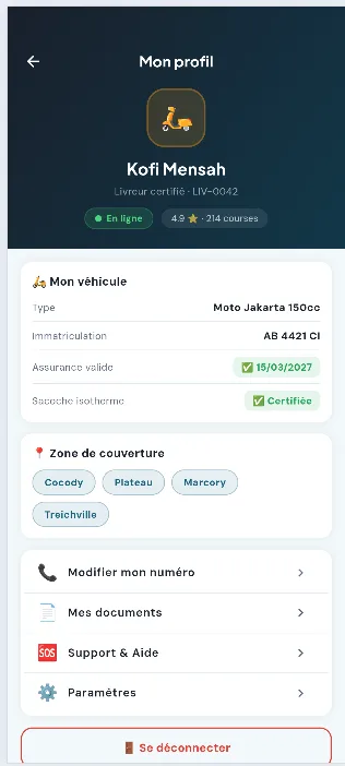 Écran Profil de l'app Livreur