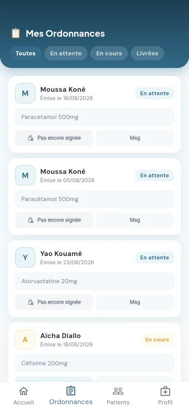Écran Ordonnances de l'app Médecin