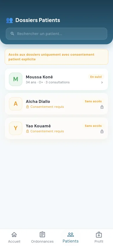 Écran Patients de l'app Médecin