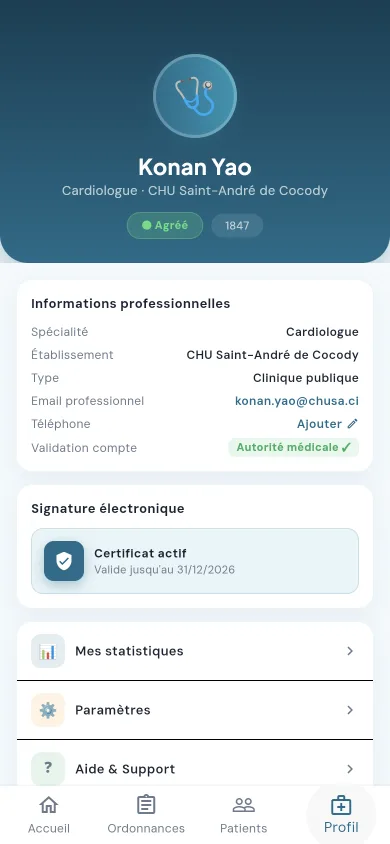 Écran Profil de l'app Médecin