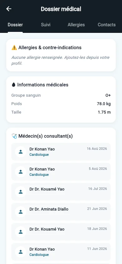 Écran Dossier médical de l'app Patient