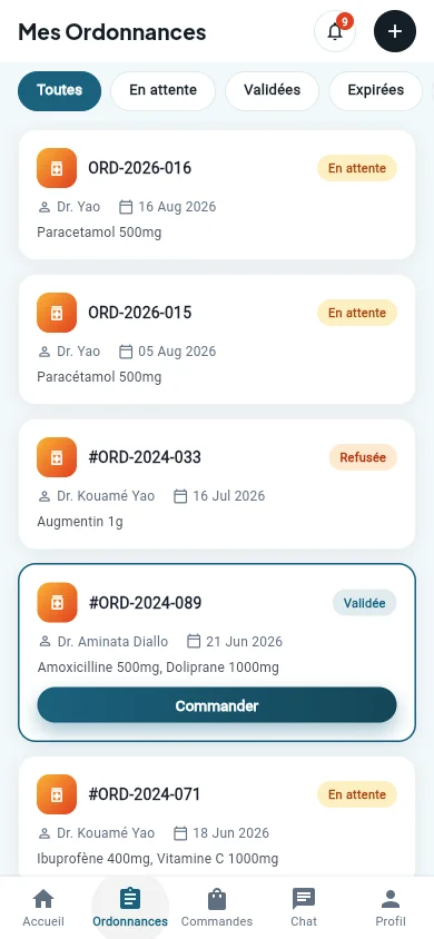 Écran Ordonnances de l'app Patient