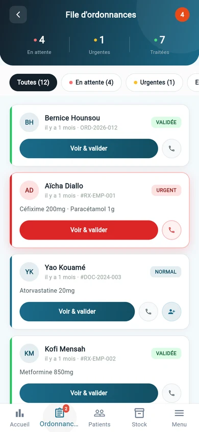 Écran Ordonnances de l'app Pharmacie