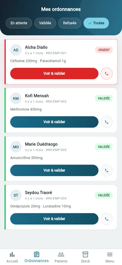 Écran Ordonnances de l'app Pharmacien