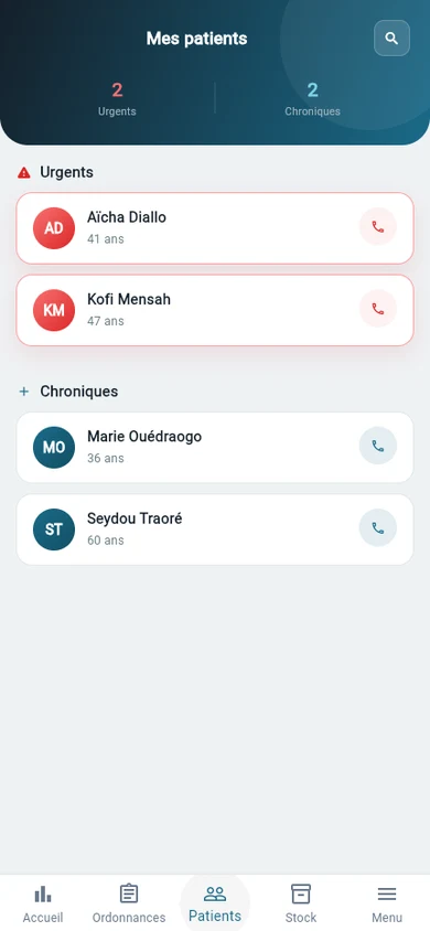 Écran Patients de l'app Pharmacien