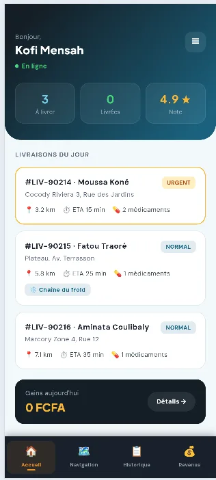 Écran de l'app Livreur