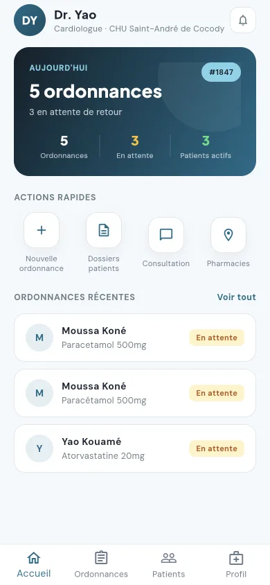 Tableau de bord de l'application médecin Ilera Africa