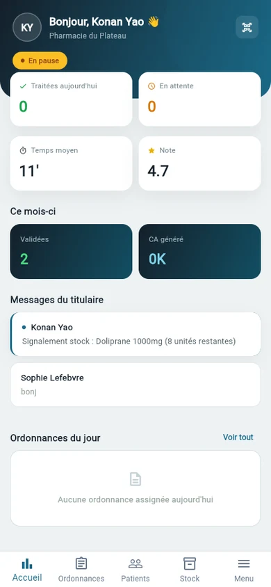 Écran de l'app Pharmacien